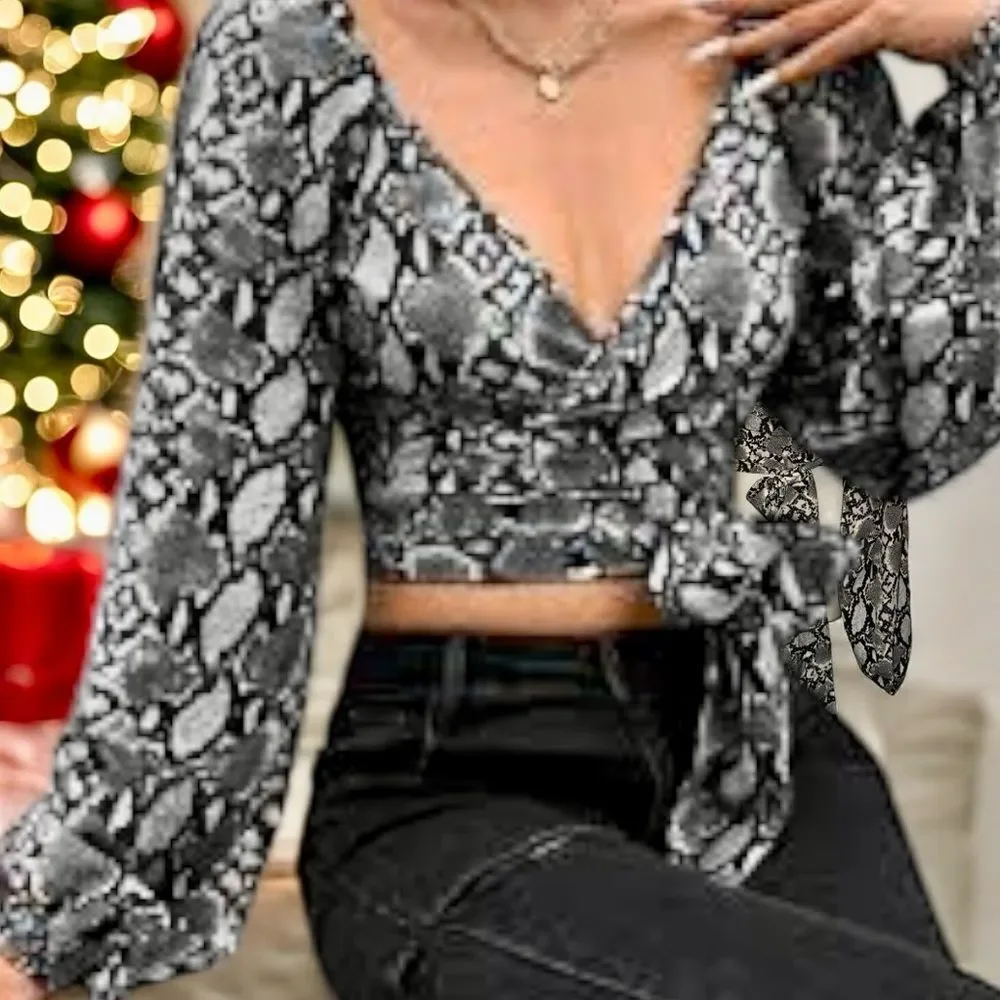 SHEIN Top Blouse Gray Deep V Reptile Print Bishop Sleeve Crop Wrap Tie Size L 🍭 - Picture 11 of 15